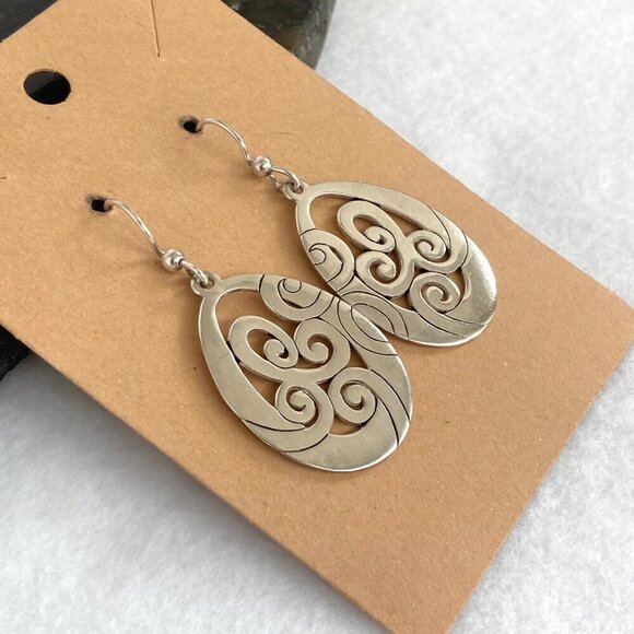 Solid Sterling Silver 925 Thailand Open Scrollwork Teardrop Dangle Drop Earrings - Picture 3 of 16